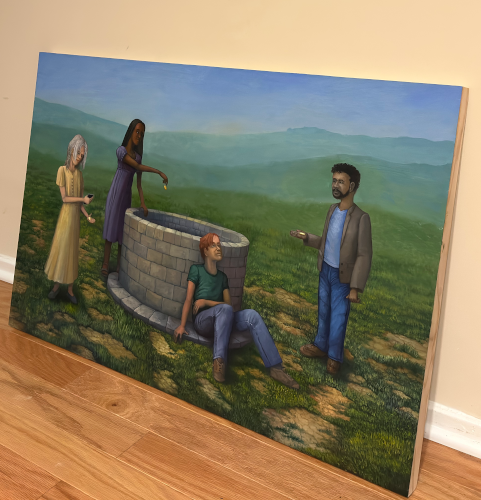 A three-quarters turned view of the physical painting.