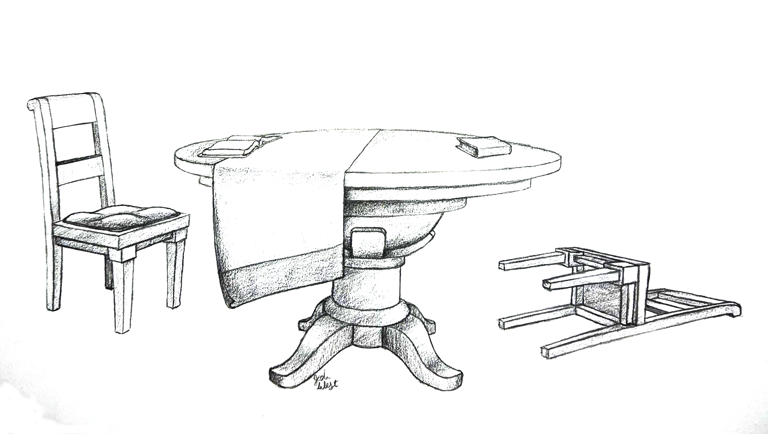 Illustration of table with two books, one open and one closed, and two chairs, one upright and one overturned
