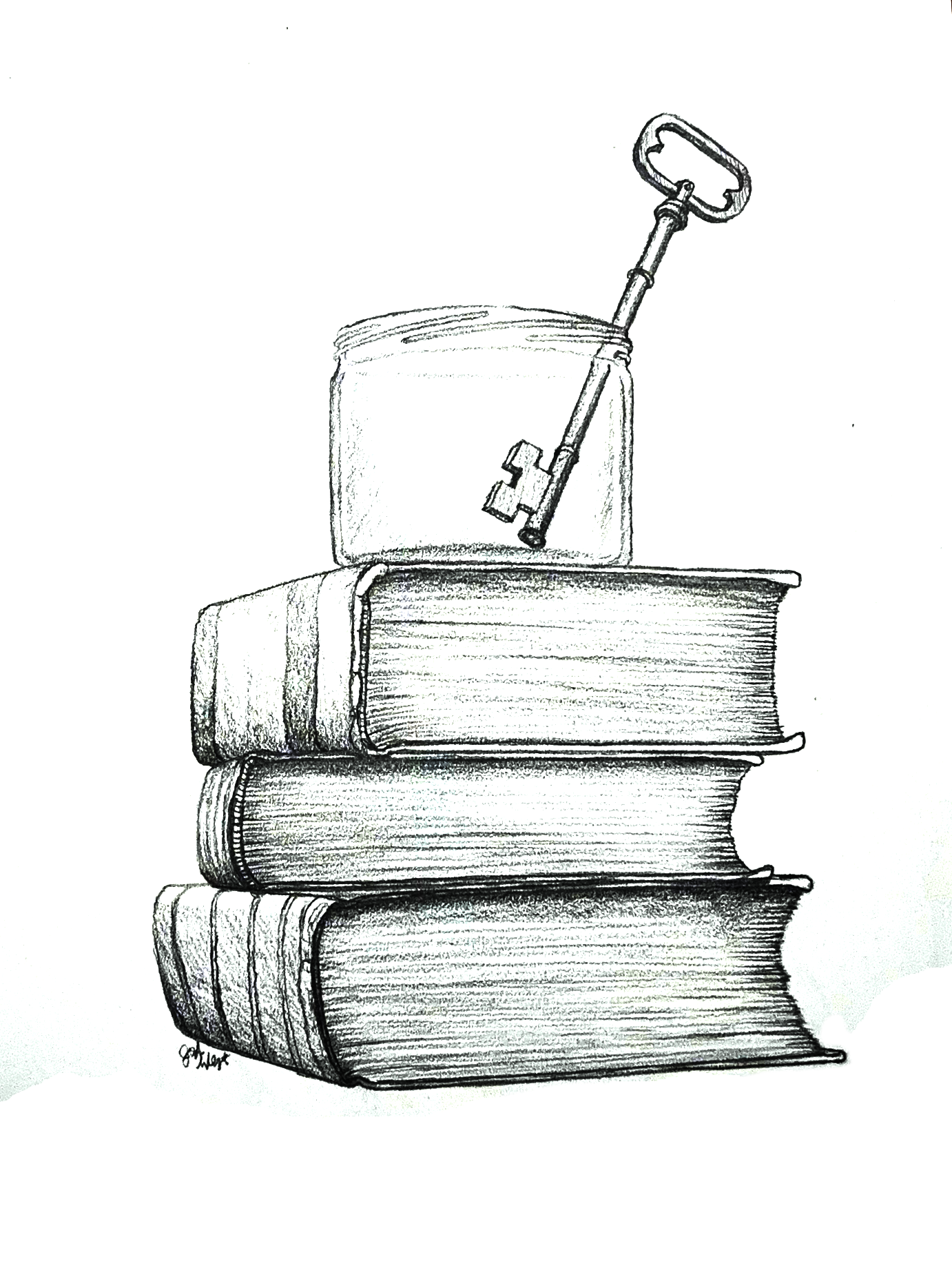 Illustration of glass jar with a key in it, sitting atop a stack of old books